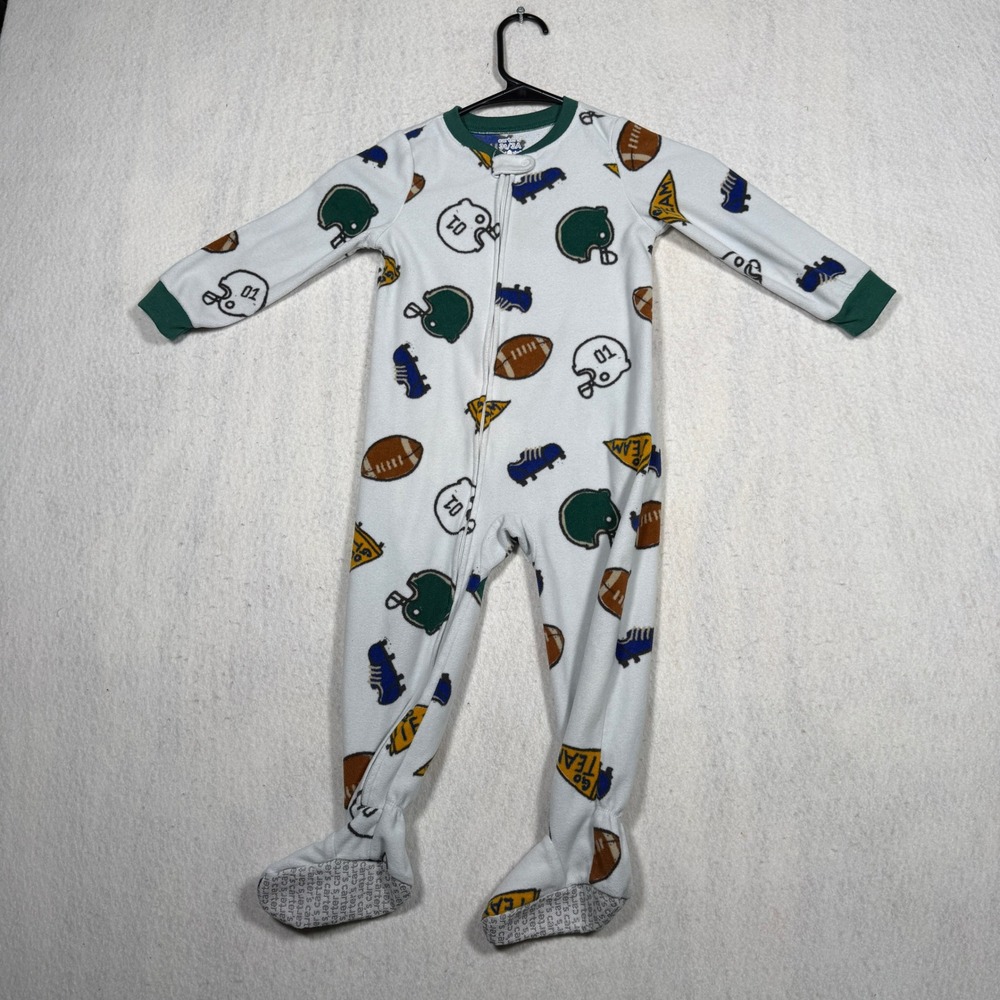 Carters Toddler Boys 3T Fleece Footed Pajamas Sports Football Helmet White Green